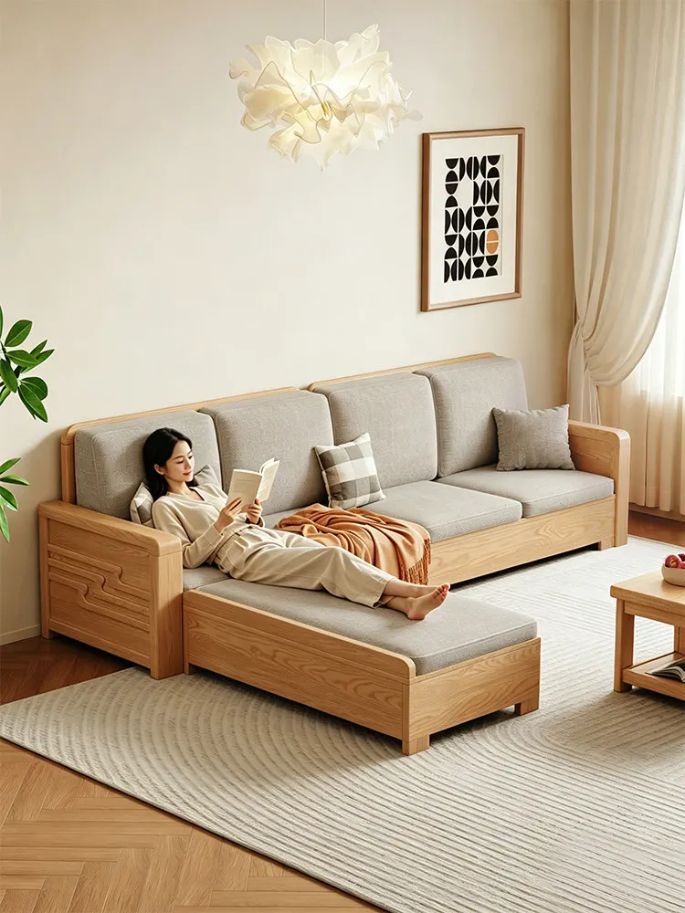 Log wind straight row sofa Nordic small apartment living room winter and summer dual-purpose storage sofa ash wood solid wood