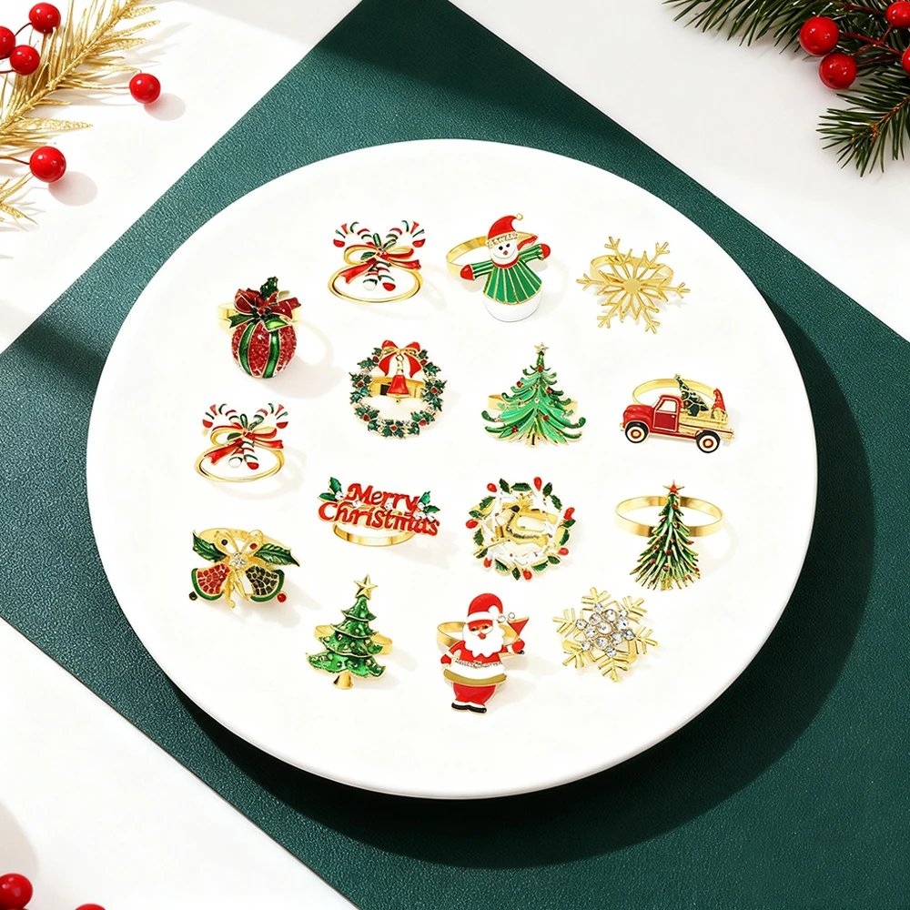 6Pcs Mixed Gold Christmas Napkin Rings Set Wreath Angel Elk Bell Snowman Xmas Tree Napkin Holder for Wedding Party Table Decor