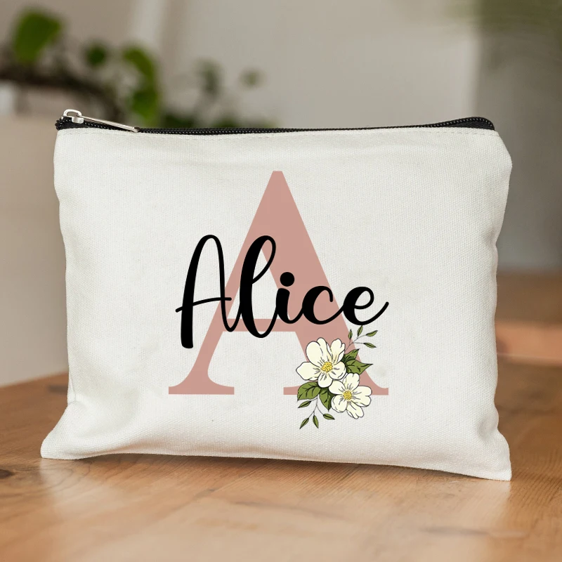 Floral Letters Custom Name Makeup Bag Best Gift for Bridesmaid Teachers Friends Women Purse Personalise Gift for Birthday