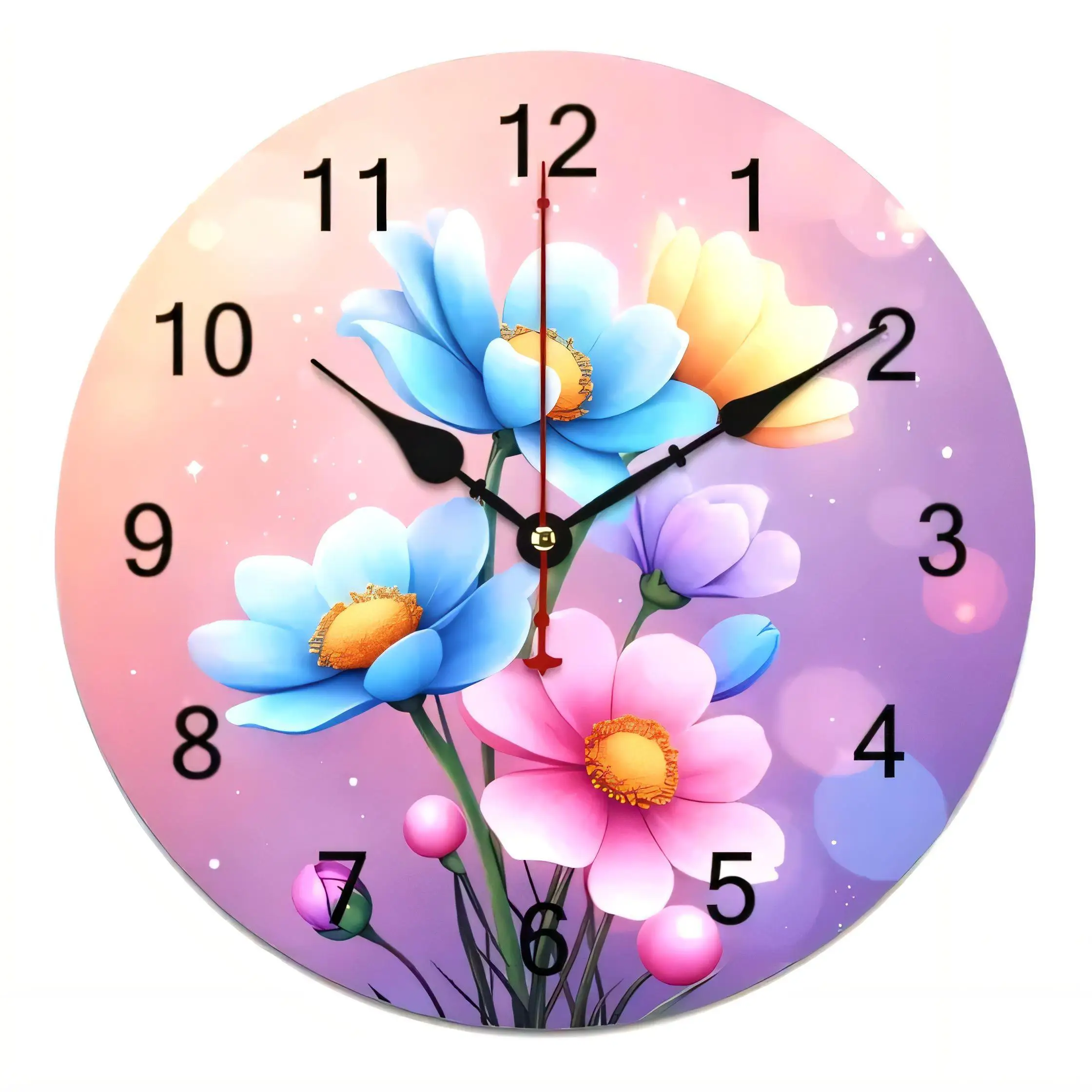 Whimsical Floral Wall Clock  Decorative Home Art Blue Pink Purple Gradient Stars Bokeh Non Ticking Battery Operated