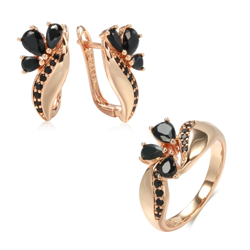 Wbmqda New Black Natural Zircon Earings Ring For Women  585 Rose Gold High Quality Everyday Fine Bride Wedding  Jewelry Sets