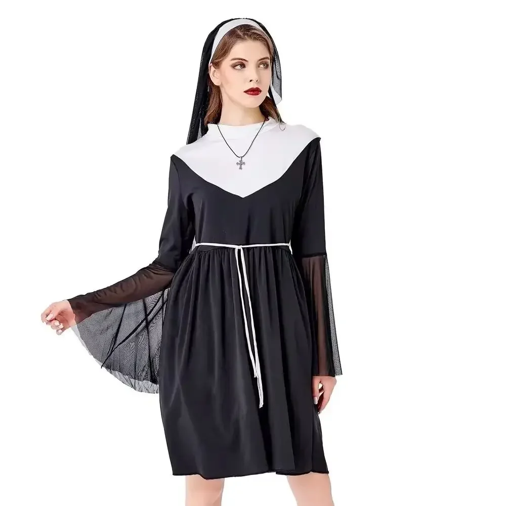 

Sexy Cosplay Nun Costume for Women Halloween Dress with Black Hood Adult Size One-Size-Fits-Most