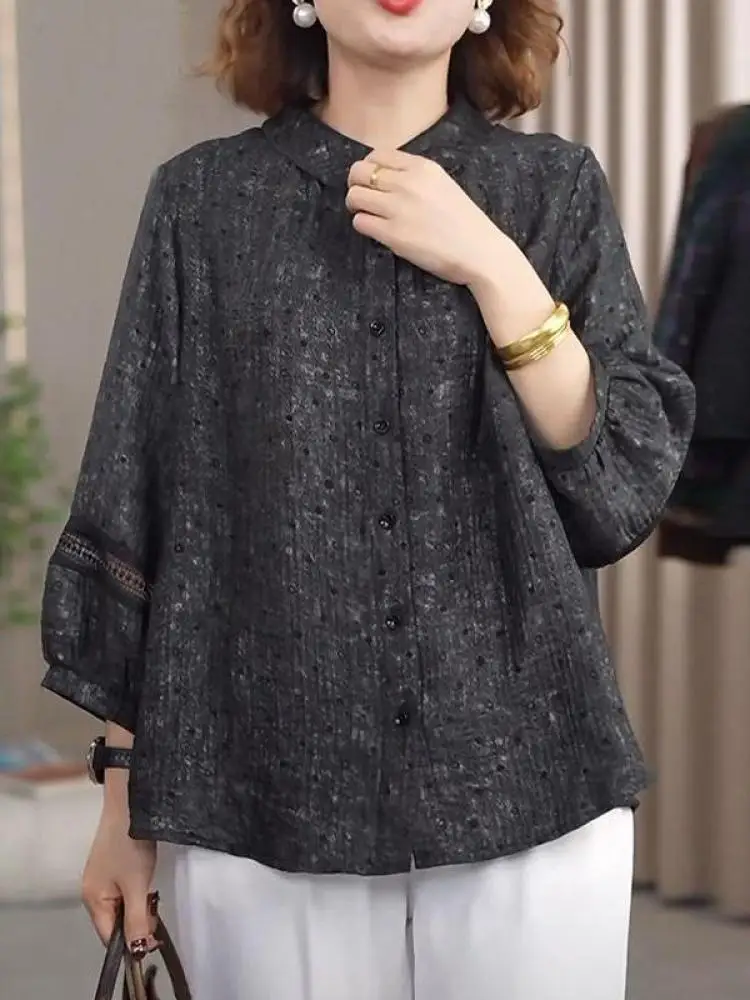 

Fashionable Long Sleeve Mom Shirt European Style Spring Autumn New Ladies Stylish Ageless Top Comfortable Loose Commute Wear