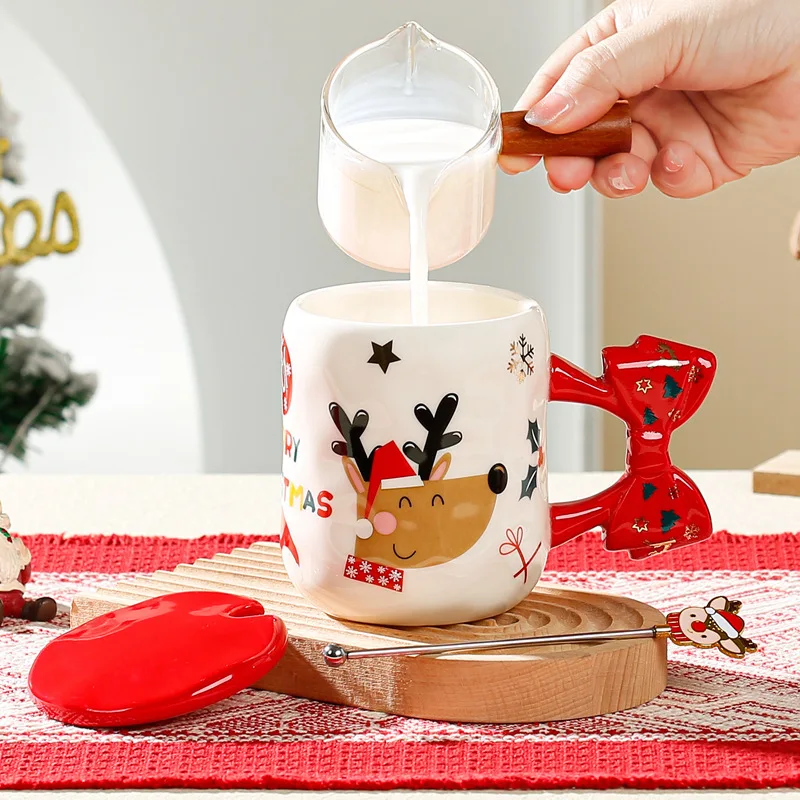 

Snowman Elk Deer Ceramic Mug Christmas Creative Gift with Lid Spoon Cute Couple Coffee Cups 450ml Household High-value Drinkware