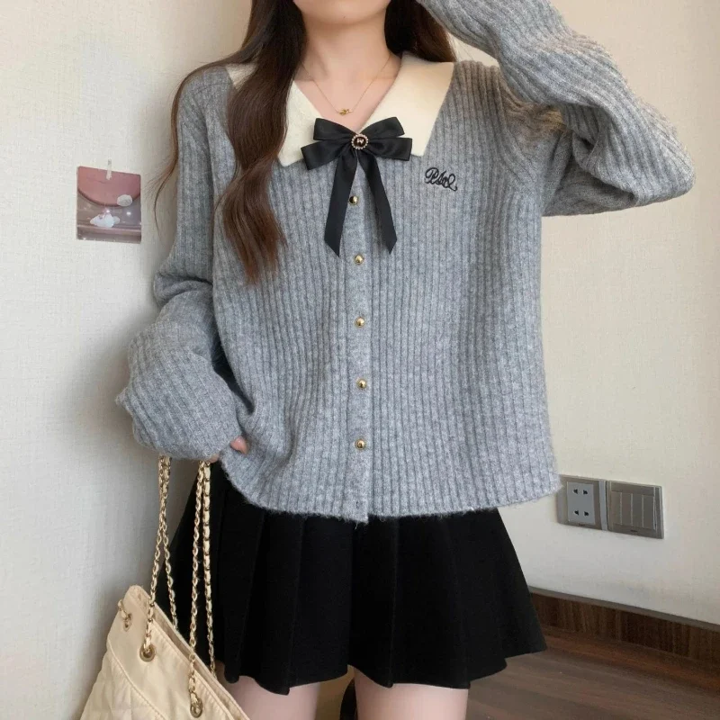 Deeptown Kawaii Sweet Cardigan Sweater Woman Grey Bow Knitted Tops Coquette Fashion Korean Style Sweater Autumn Winter Casual