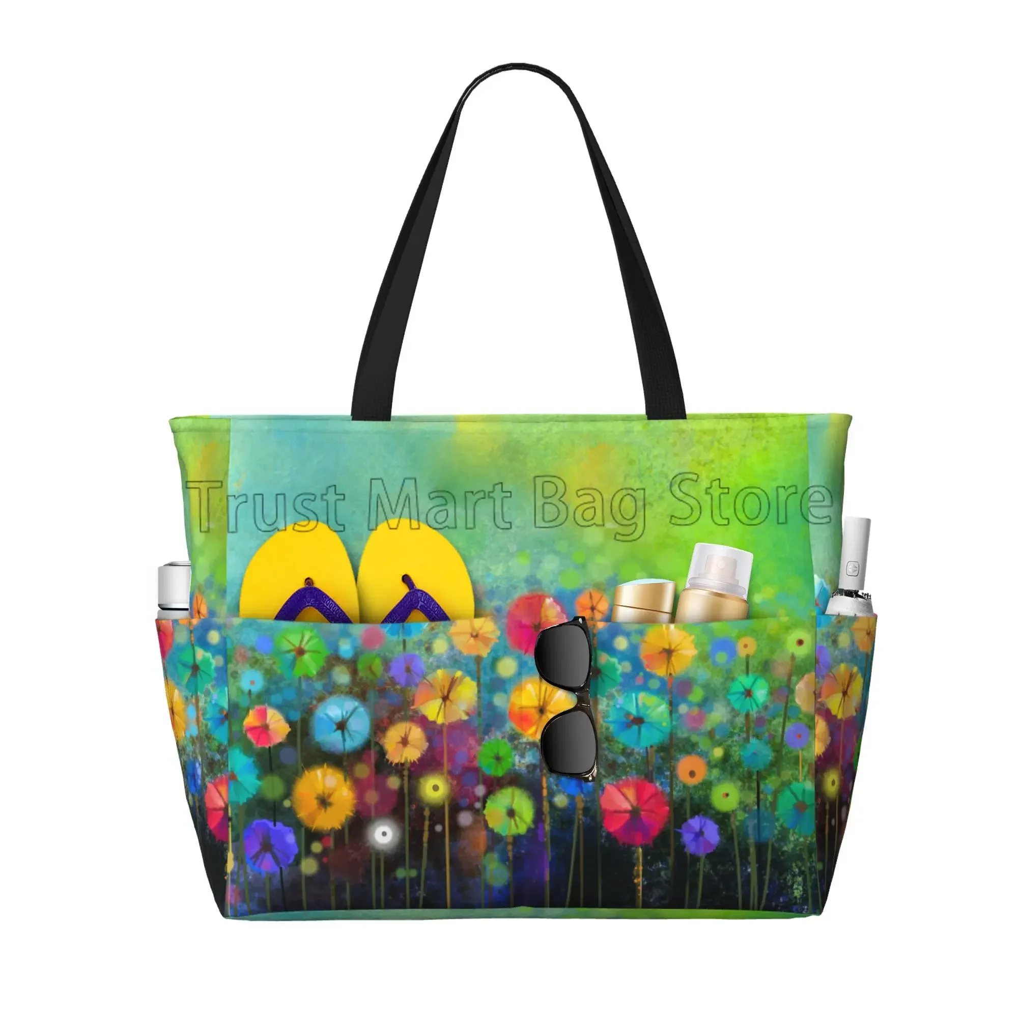 Abstract Flower Floral Watercolor Painting Large Waterproof Beach Bag for Women Sandproof Pool Tote Bag for Travel Vacation Swim