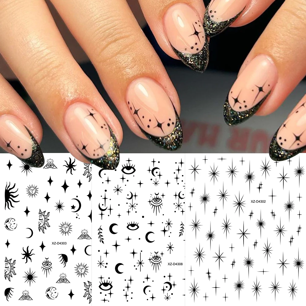 ﻿12pcs Y2k Black Sun/Moon Nail Art Sticker 3D Metal Star,Snake,Geometric lines Zodiac Signs Nail Decals DIY Nail Tips Decoration
