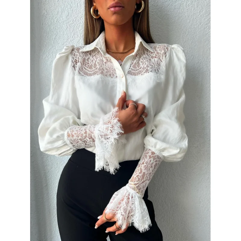 

Женская блузка в стиле ретро с длинным рукавом, элегантная, удобная, повседневная, однотонная, кружевная, модная рубашка