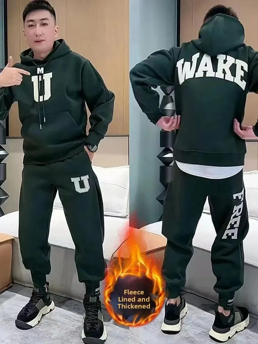 

Men's Casual Fce Lined Hoodie And Pants Set Warmth And Comfortable Long Sve Long Pants Sweatirt Outfit for Autumn Winter