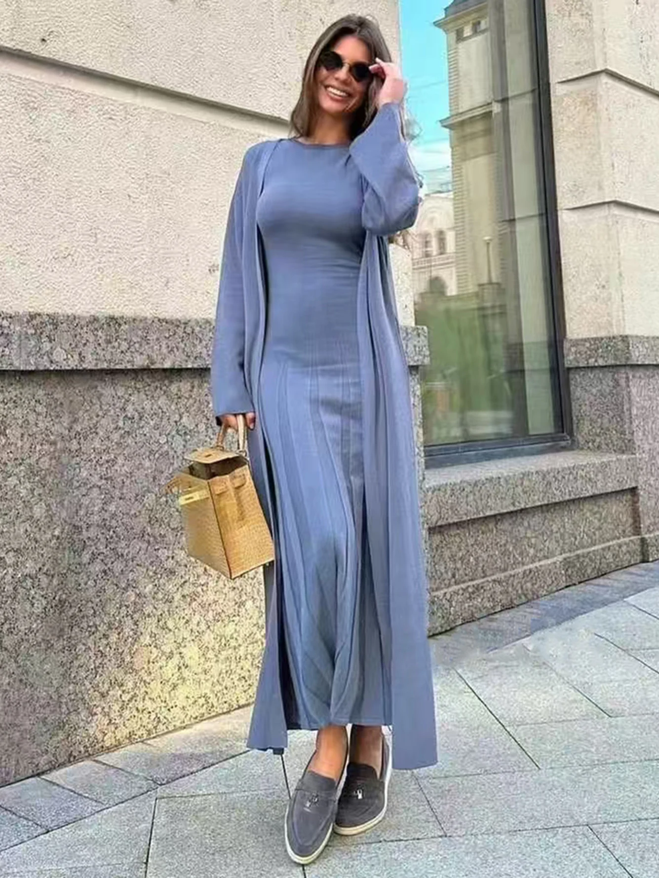 High Quality Fashion Women\'S Knitted 2-Piece Set 2024 New Sexy Sleeveless Pleated Long Skirt+Long Sleeved Cardigan Casual Set