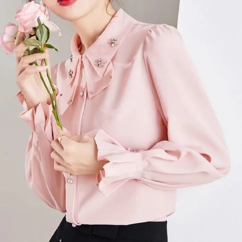 

Spring Summer New Long Sleeve Pleated Chiffon Shirt Elegant Fashion Solid Color Patchwork Blouse Loose Shirts Tops Women B1068