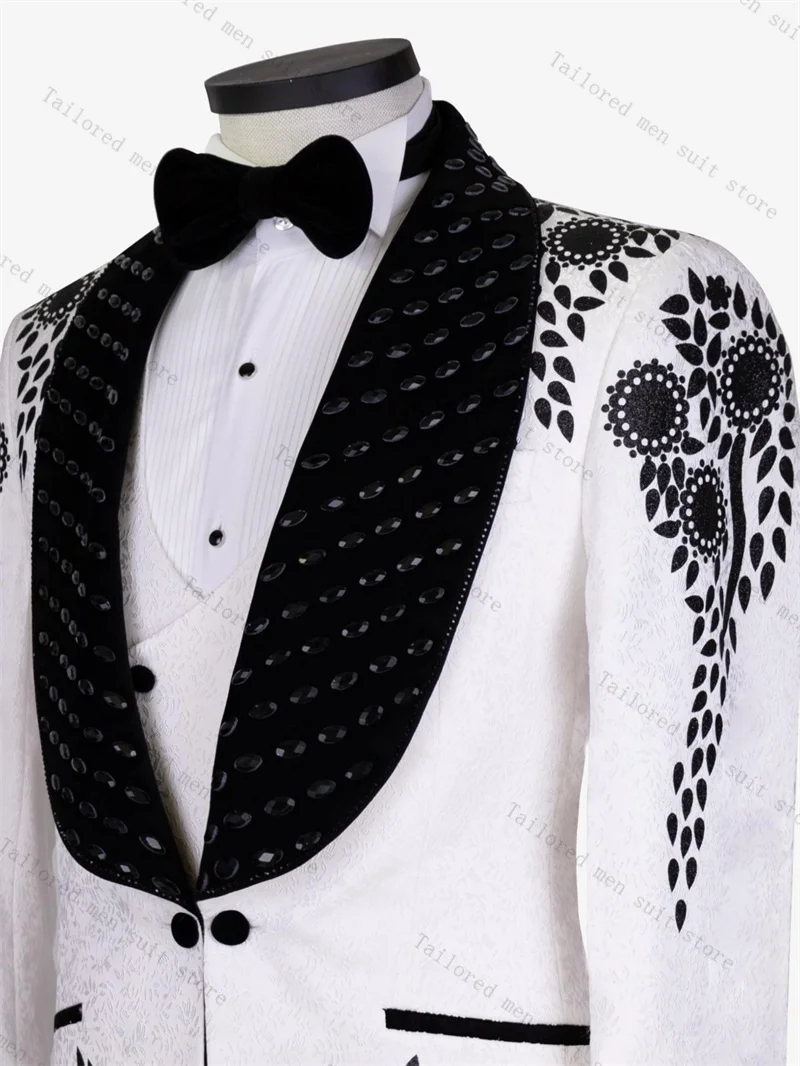 Luxury Crystals Men Suit Set 2 Pieces Blazer+Black Pant Formal Office Male Jacket Prom Cotton Coat Trouser Groom Wedding Tuxedos