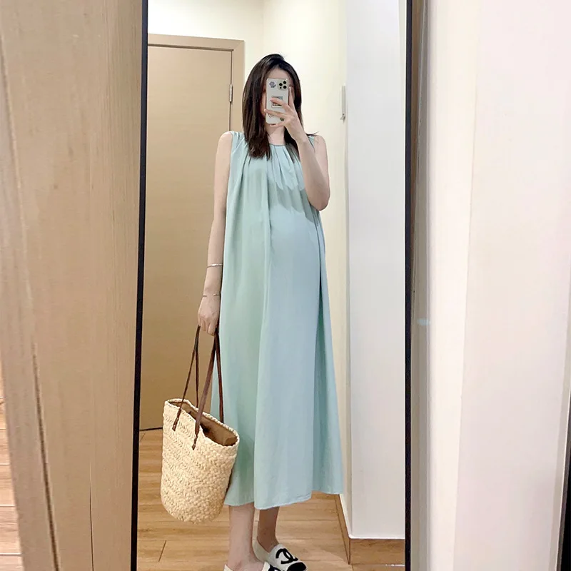 Maternity Clothes Summer Mid Length Sleeveless Dress Korean Version Loose Fitting and Fashionable Dress Women Pleated Dress