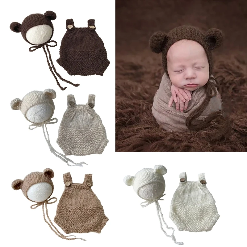 

Newborn Photography Props Bear Costume Hat Suspenders Pants Photo Romper Baby Photo Clothes Baby Photoshoots Outfit