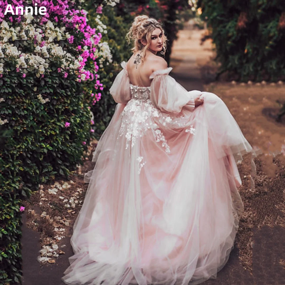 

Annie Sweet Pink Пром платья Тюлевые пышные вечерние платья с длинными рукавами Принцесса без бретелек Женские халаты De Soirée по индивидуальному заказу