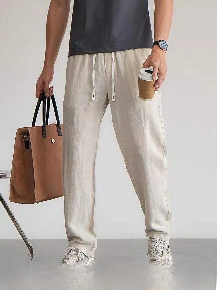 

Natural Linen Men's Casual Pants Elastic Waist Washed Comfortable Dry Straight Leg Trousers for Commuting And Casual Wear