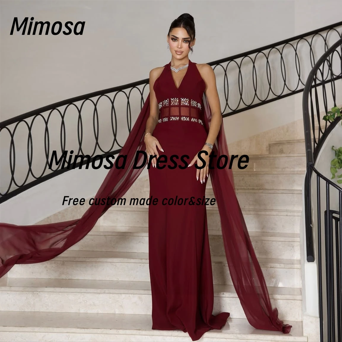 

Mimosa Halter V Neck Prom Dresses with Flutters Beaded Sash Evening Gowns Sexy Back Burgundy Birthday Party Dress Customized