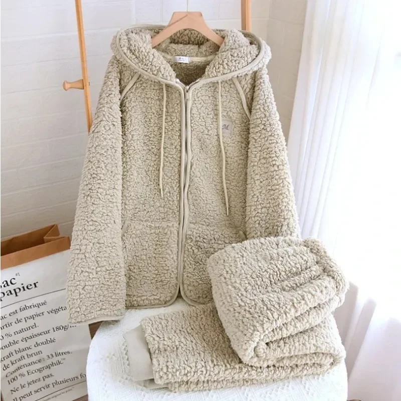 

Thick Fluffy New Couple's Pajama Hooded Zipper Nightie Warm Women Loungewear