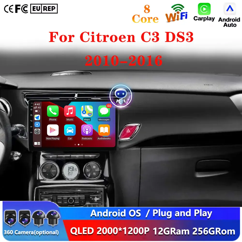 

2K QLED экран, беспроводной CarPlay, Android 16, для Citroen C3 DS3 2010-2016, автомобильная магнитола, мультимедиа, навигация, GPS, умные системы для авто