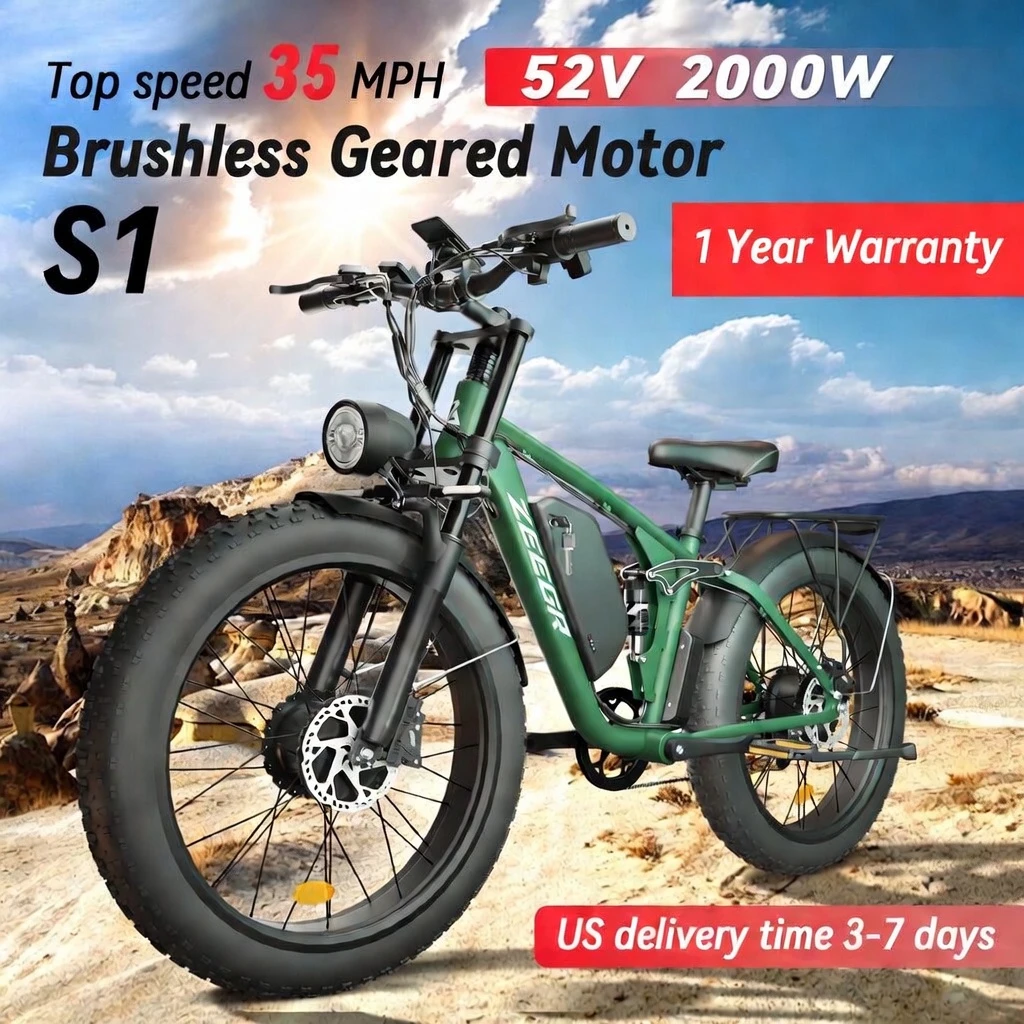 

Adult Electric Mountain Bike 2000W S1 52V 22.4AH Long Range 68 Miles 7 Speed Full Suspension 26" Waterproof E-Bike US Warehouse