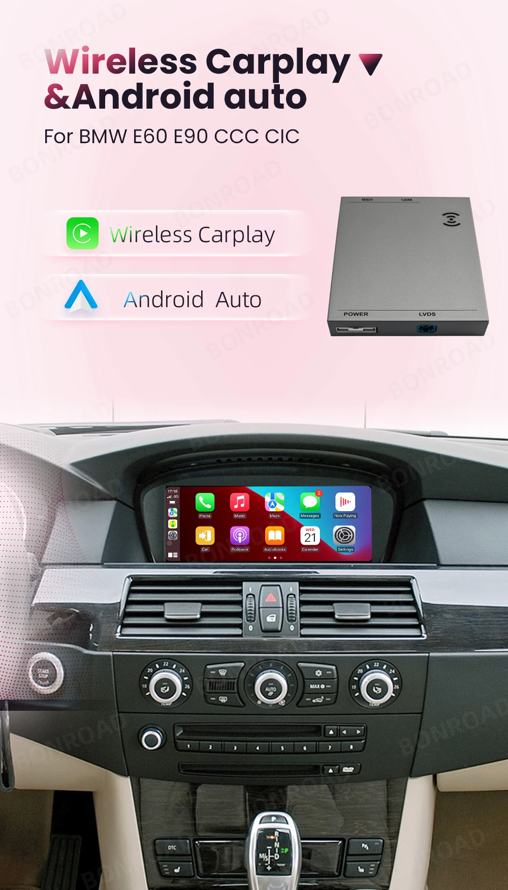 BONROAD Drahtloses CarPlay-Schnittstellenmodul für BMW 3er E90 E91 E92 E93 5er E60 E61 E62 E63 E64 CCC CIC Android Auto – Detail 1