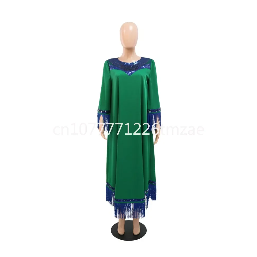 

Muslim Arabic Tassel Women's Formal Dress Abaya Dubai Kaftan Femme Musulman,Perl Tassel Sequins Green Dress