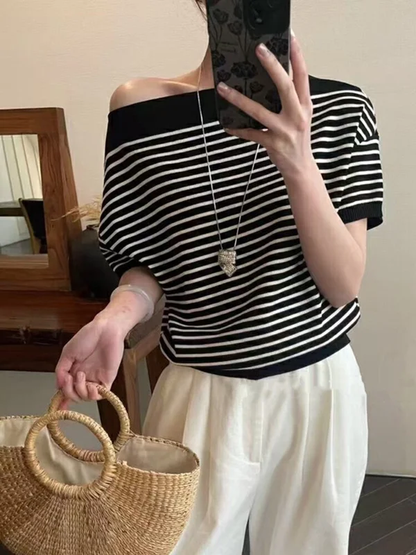 

Корейский стильный вязаный топ с коротким рукавом и открытыми плечами, женский летний модный топ с эффектом похудения, трендовый дизайн