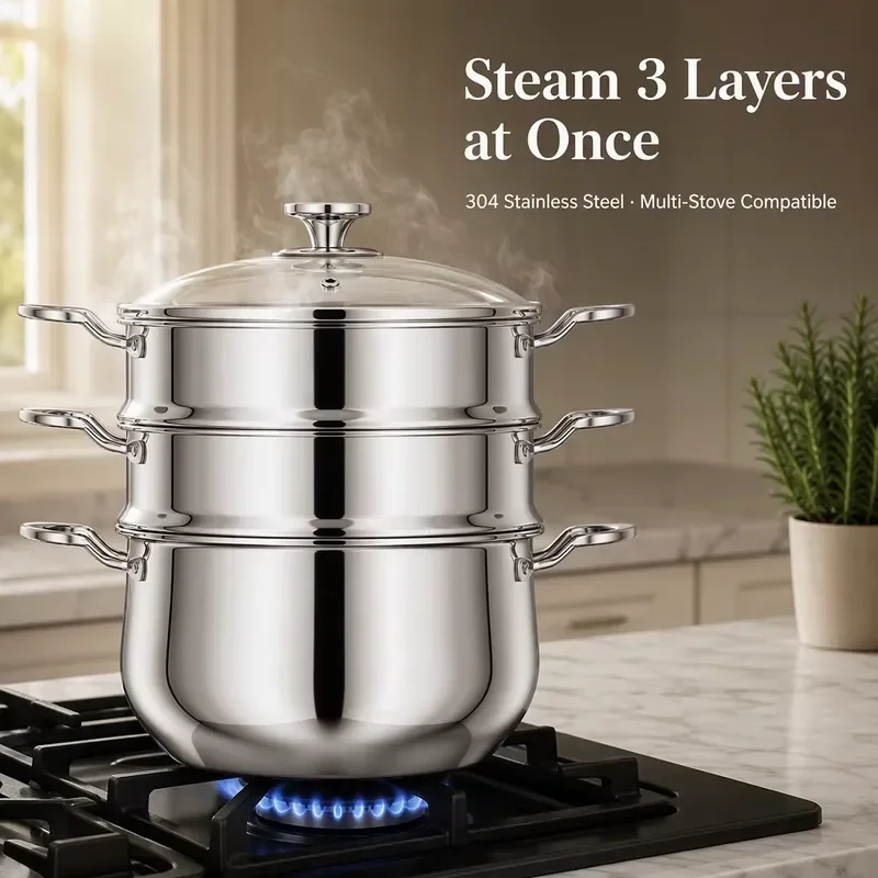 304 Stainless Steel 10L Steamer Pot Three Layer Thickened Base Compatible with Gas and Induction Cooker Multi Functional Fish