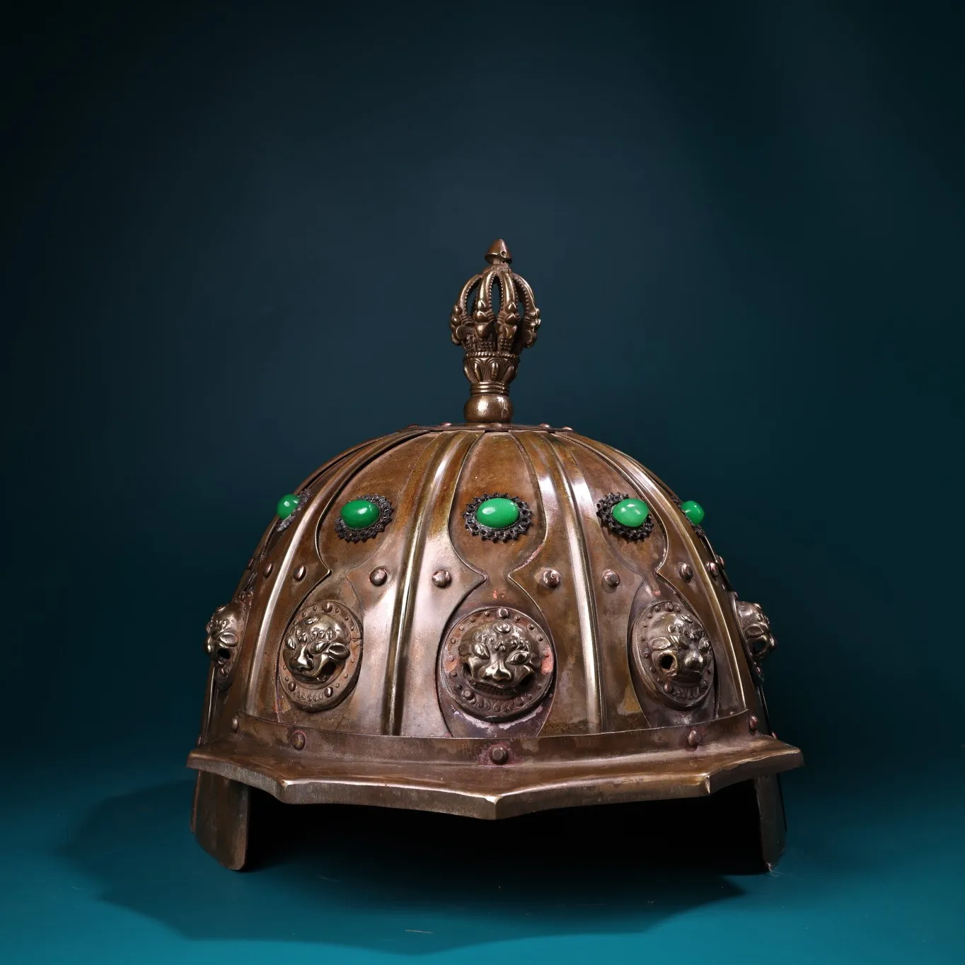 Nepalese Temples Old Bronze Cinnabar Mosaic Gem Beast Head Pattern General's  Hat Helmet Worship Hall Town house