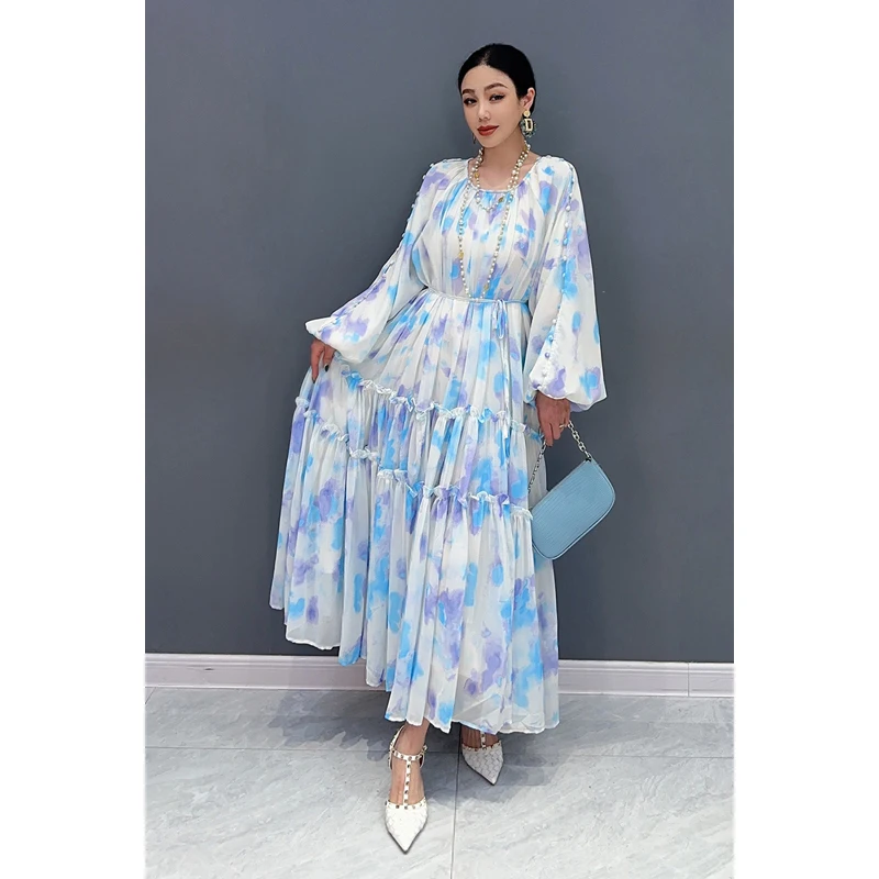 Vefadisa 2024 Spring Summer New Chiffon Printed Long Dress Loose and Elegant French Tea Break Skirt WXY204