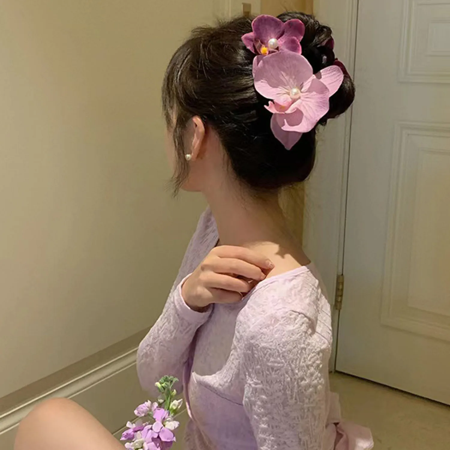 1PC Pearl Flower Hair Clip Cute Cloth Butterfly Orchid Orchid Flower Hairpin Duckbill Clip Korean Style Seaside Girl Hair Clip