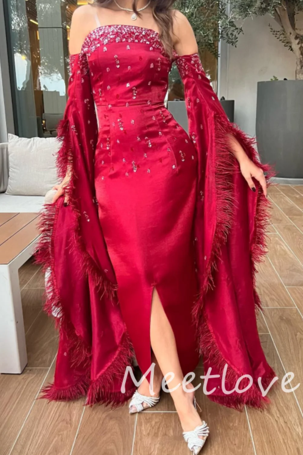 Meetlove 2024 Customized Sheath Strapless Long Sleeves Satin Pleated Feather Beaded Ankle Length Prom Dress Evening Dress