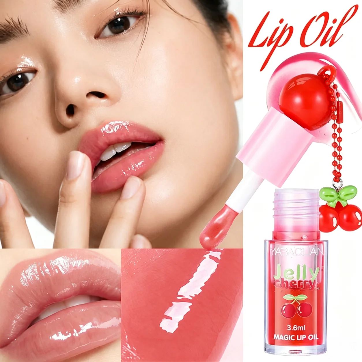 YABAOLIAN Jelly Cherry Color Changing Lip Oil, Moisturizing Plumping Shiny Lip Gloss With Cherry Charm Pendant 3.6ml