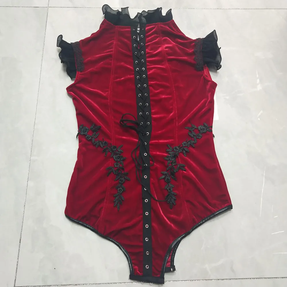 Red Heart Cutout Sleeveless Bodysuit Velvet Gogo Costume Women Dancer Club Leotard Nightclub Party Sexy Performance Stage Wear