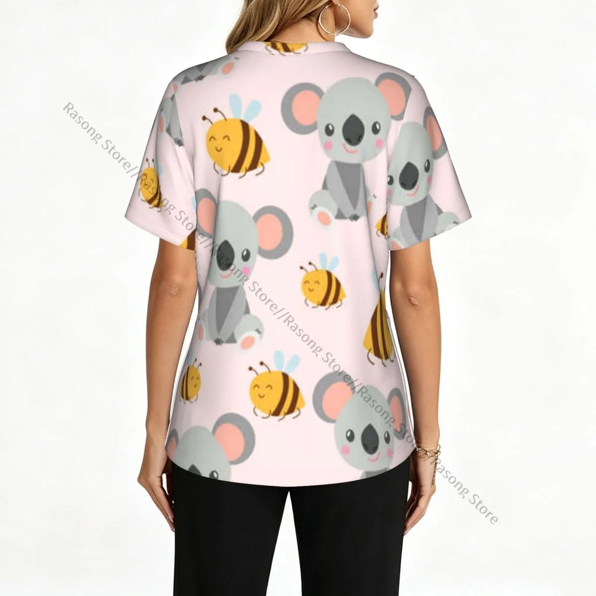 Cartoon Koala And Bees Scrubs tops medical uniforms women V Neck Stretch Scrub Shirt Dentist doctor Blouse