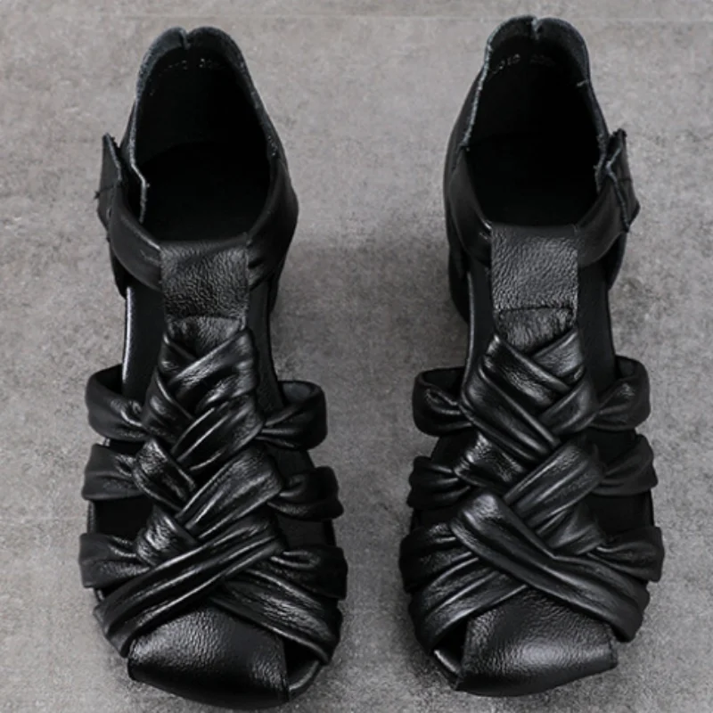 

ZXRYXGS Элегантные женские сандалии из натуральной кожи с плетеным верхом и перфорацией, дышащие, на высоком каблуке, с круглым носком, лето 2026