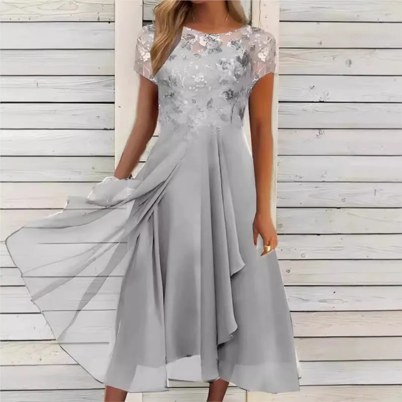 Novo 2025 vestido de renda feminino para festa elegante vestido de noiva plus size jóia pescoço na altura do joelho chiffon renda longo vestido de festa