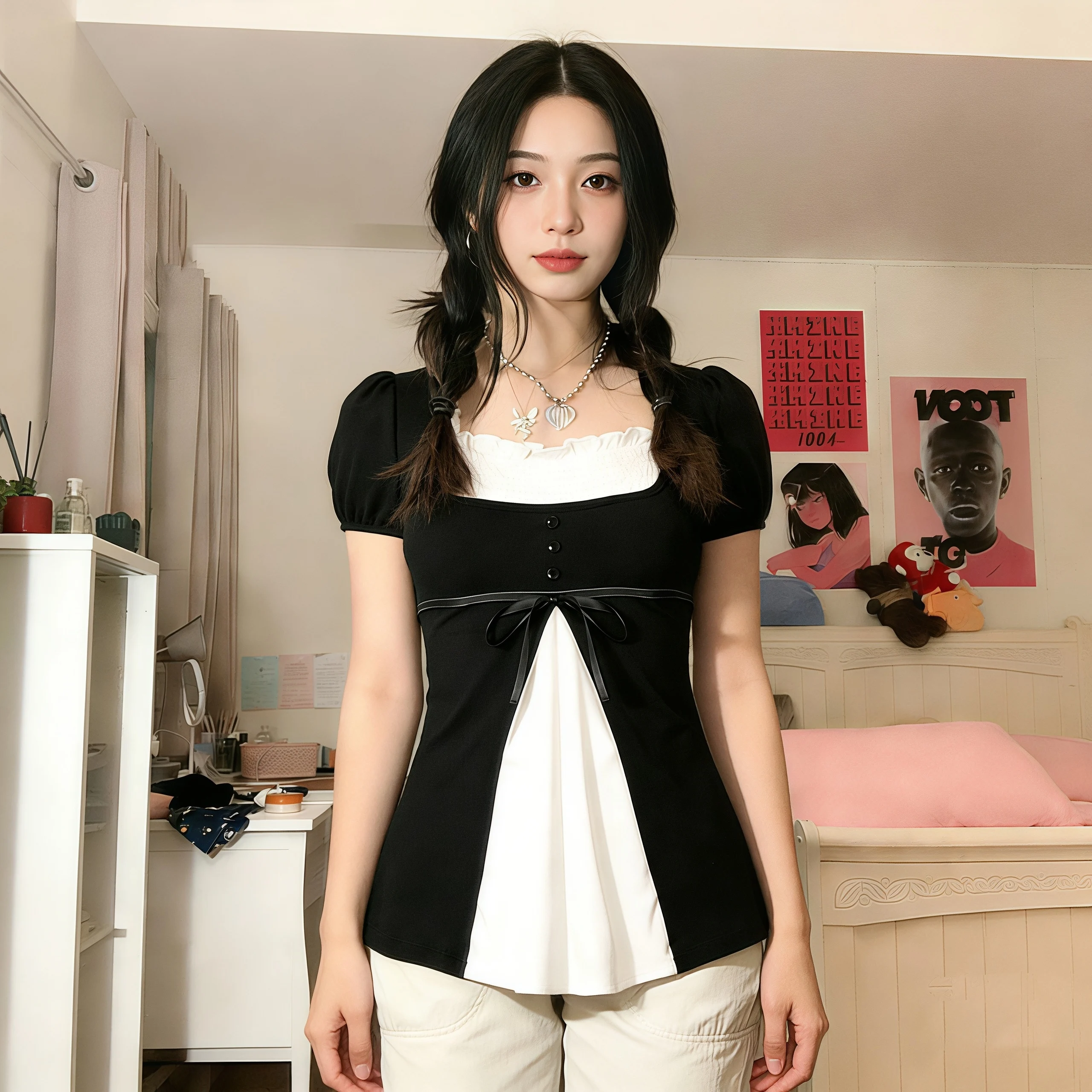 Ästhetisches, süßes Damen-Top im Zweiteiler-Look mit quadratischem Ausschnitt, Puffärmeln, vorderer Schleife und schmalem, ausgestelltem Saum, lässiges Sommer-Top. – Detail 4