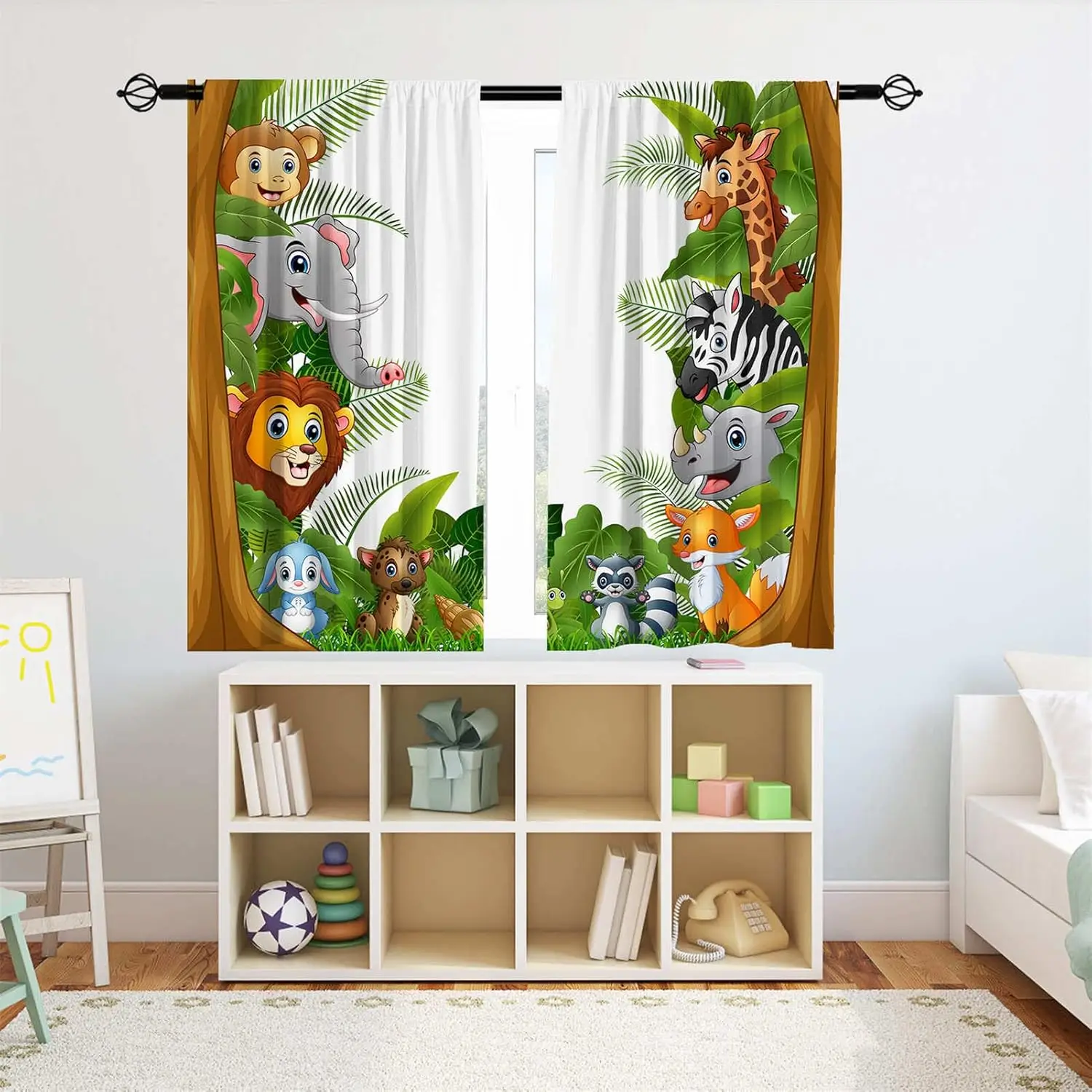 Kids Animal Curtains Rod Pocket Boys Girls Forest Giraffe Lion Elephant Monkey Zebra Rhinoceros Jungle Zoo Print Pattern Window