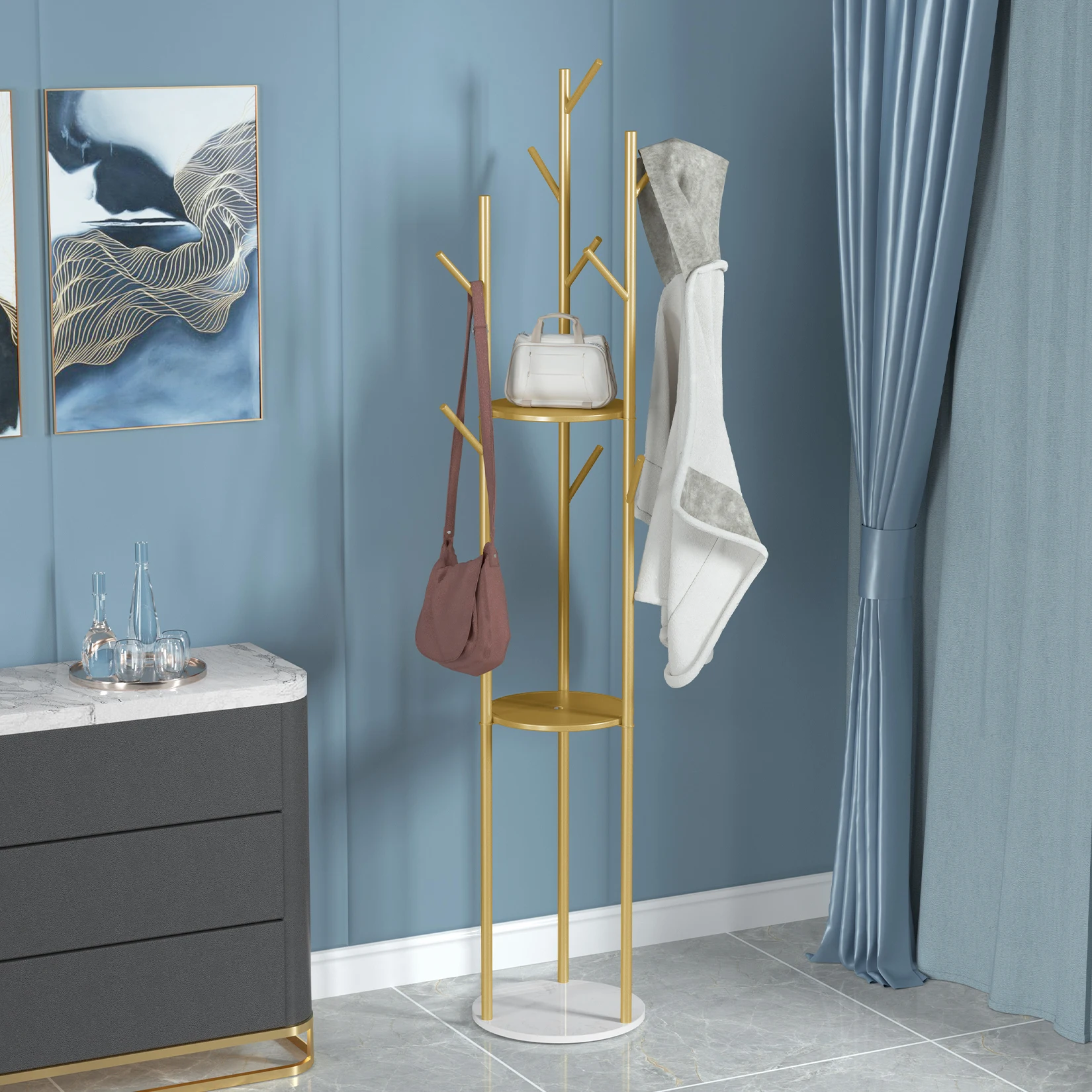for Hanging Coats Jackets Hats Bag Marble Metal Coat Rack with 3 Storage Shelves and 9 Hooks Enterway Hall Tree