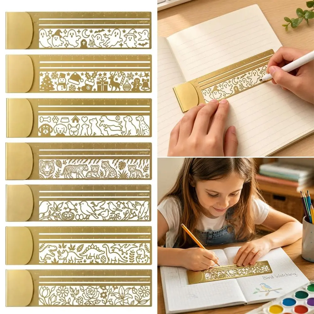 Brass Bookmark Ruler Hollow Cute Patterns Stencil Straight Ruler Multi-functional Journal Decorative Ruler Journal Scrapbook
