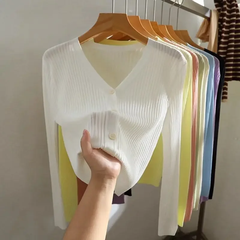 

Ice Silk Shawl Sunscreen Shirt Women Long Sleeve Thin Sun Protection Clothing Solid Short Knitted Outwear Lady