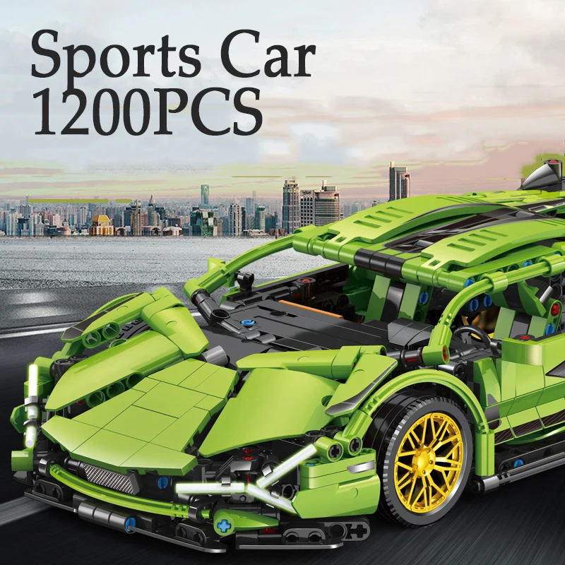 1200PCS 1:14 녹색 스포츠카 빌딩 블록 모델 장난감 작은 입자 벽돌 슈퍼 자동차 컬렉션 장식품 소년 어린이 선물