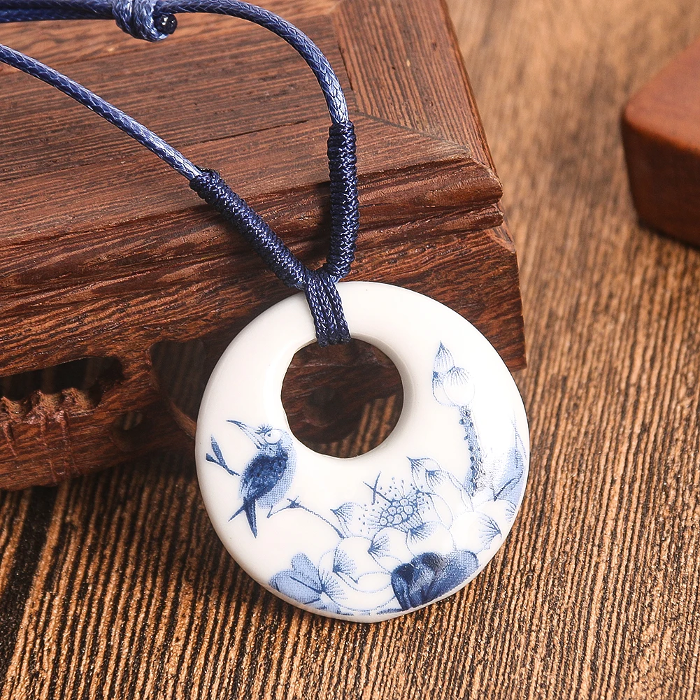 Chinese Blue and White Round Porcelain Ceramic Pendant Necklace for Women Butterfly Flower Lucky Charms Handmade Ethnic Jewelry