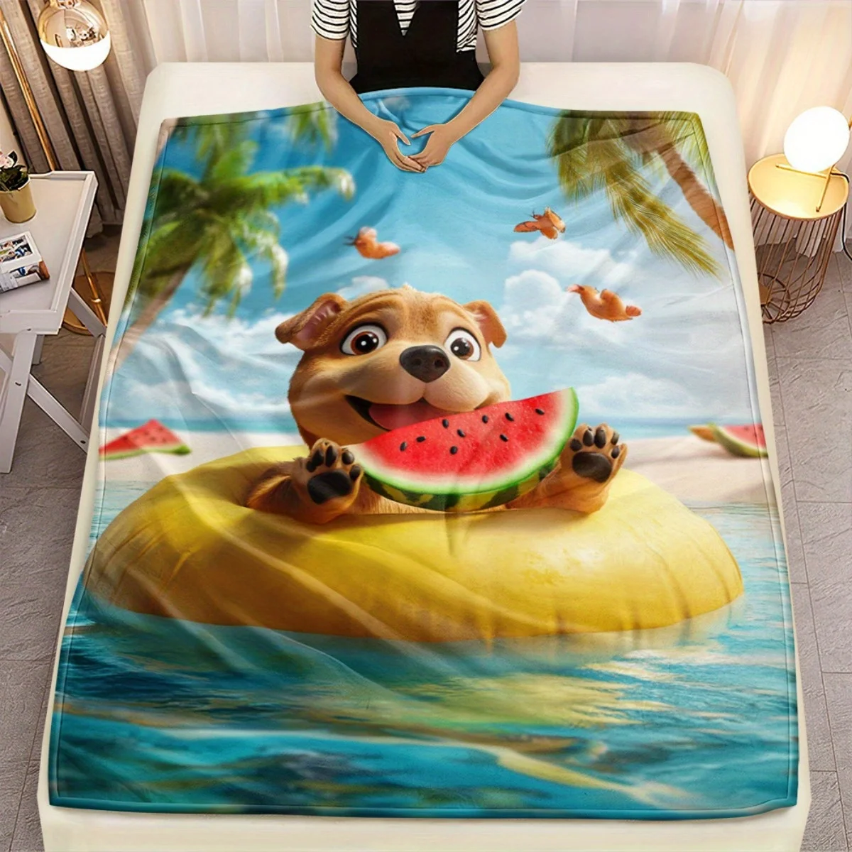 Manta de franela con escena de playa y sandía para perro, funda de cama suave, bonito diseño de mascota, tema de vacaciones tropicales, regalo para niños, verano