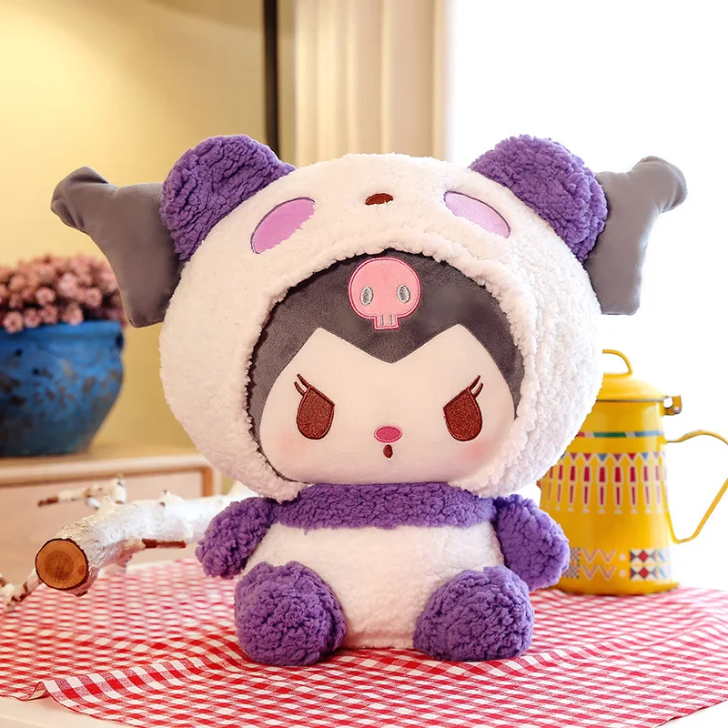 Novo sanrio kuromi se transforma em um panda boneca de pelúcia anime figura dos desenhos animados bonito rosa olá kitty pelúcia brinquedos para crianças presente