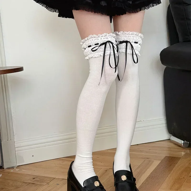 Lolita Over Knee-high Socks Cotton Sweet Lace Bow Ribbon Kawaii Calf-length Socks Thigh-high Stockings JK Cosplay Accessories