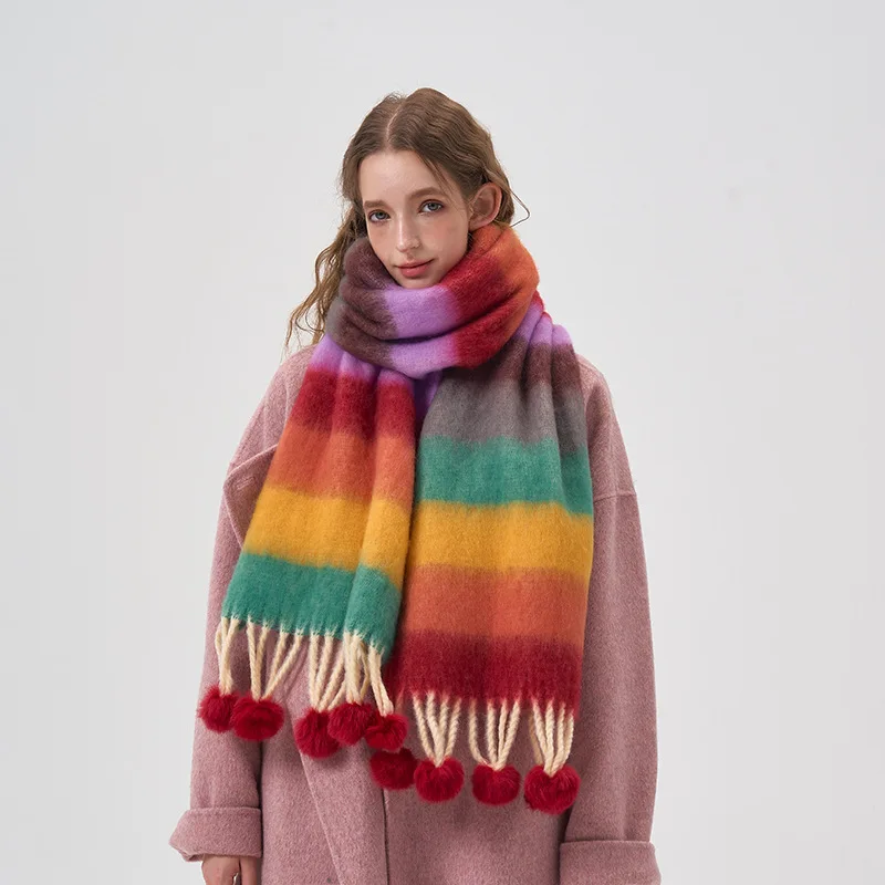 Colorful Striped Winter Scarf for Women Hairball Pashmina Scarves Wraps Female Thick Soft Bufanda Big Tassels Shawl Long Stoles