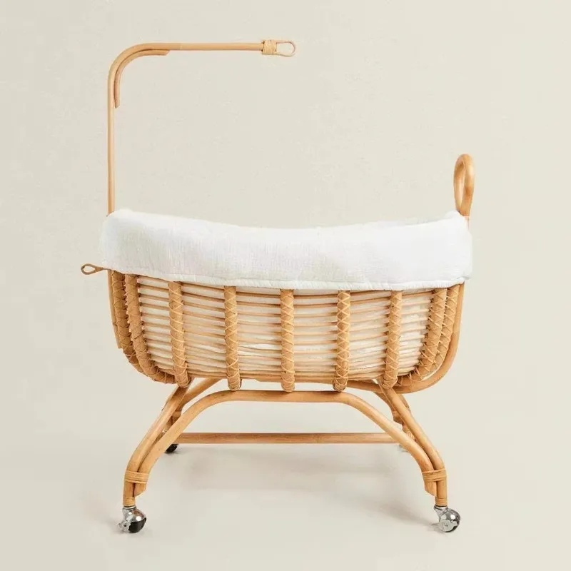 

Premium Handmade Natural Rattan Baby Bassinet Crib Woven Baby Furniture with Durable Wheels
