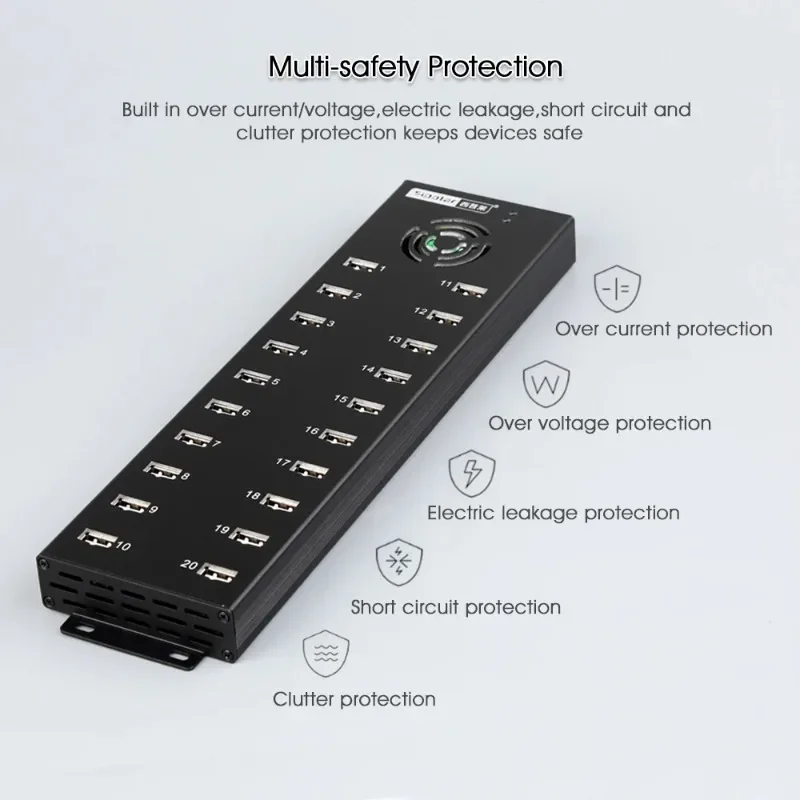 

Sipolar 20 Port Industrial Usb Hub Splitter With 1A Each Port Charging and Sync USB 2.0 Hub For Miner Cellphone Tablets- Black